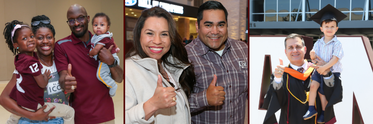 Three photographs combined, In the first one there is a family, the parents are standing holding their two children. The second image shows a couple standing with their thumbs up and smiling. The final one shows a man standing outside kyle field wearing his PhD cap and gown and holding a child.