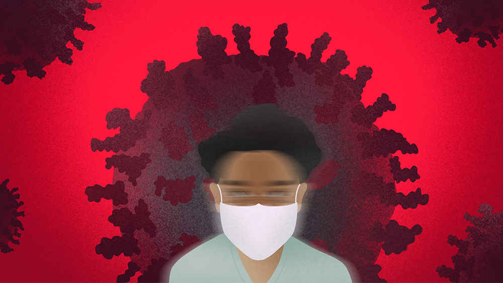 Healthcare worker wearing mask in front of large coronavirus shape.