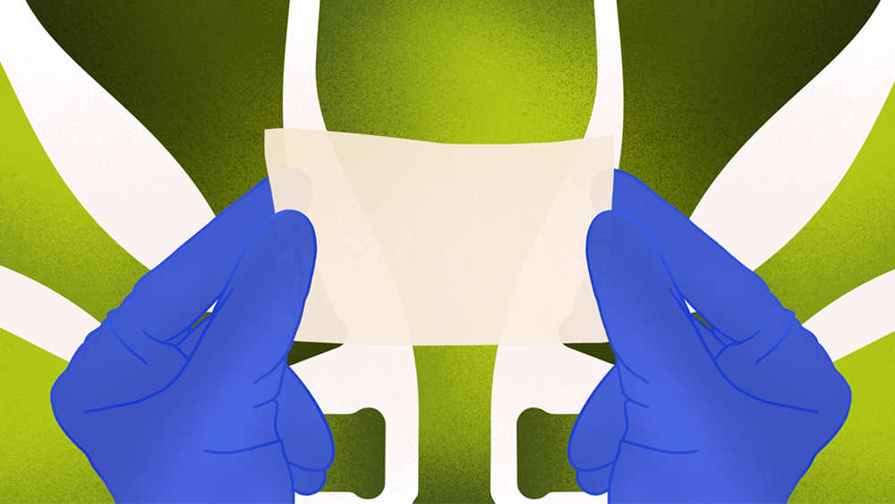 Artist rendition of new mesh-like mats help in front of a collage of wine bottles.