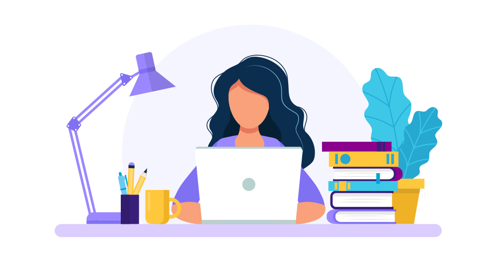 Illustration of student at computer with coffee mug, books and light sitting at desk.