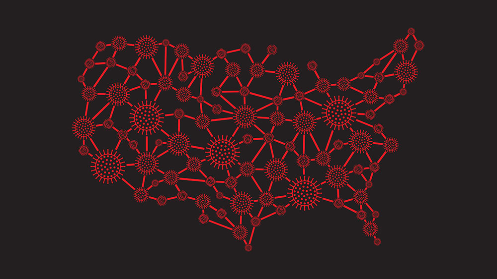 A red outline of the United States demonstrating COVID-19 contact spread.