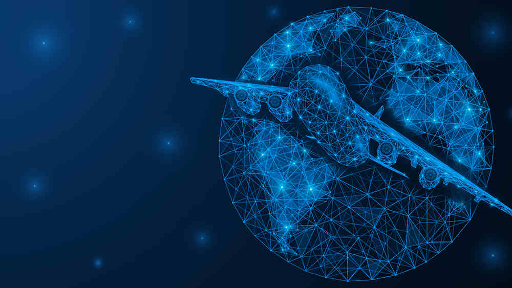 一架商用飞机以地球为背景飞向太空的程式化图像