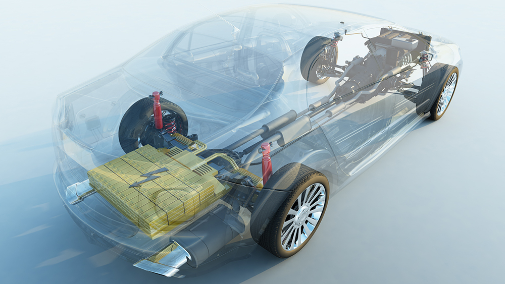 锂电池显示在汽车的透明轮廓内。