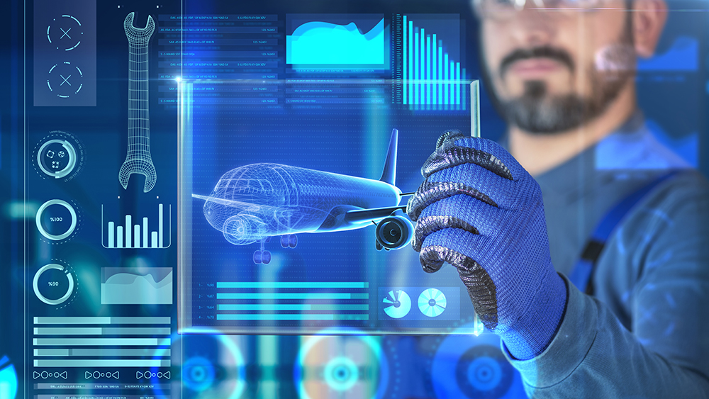 一个人带着飞机和工具在虚拟屏幕上工作的抽象图片。