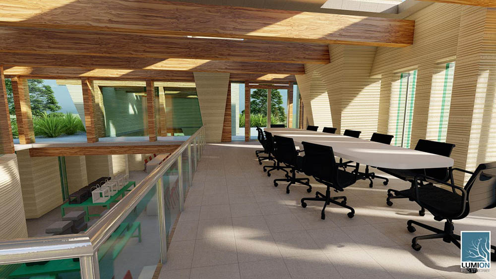 A 3D rendition of a spacious conference room with plenty of windows for natural lighting.