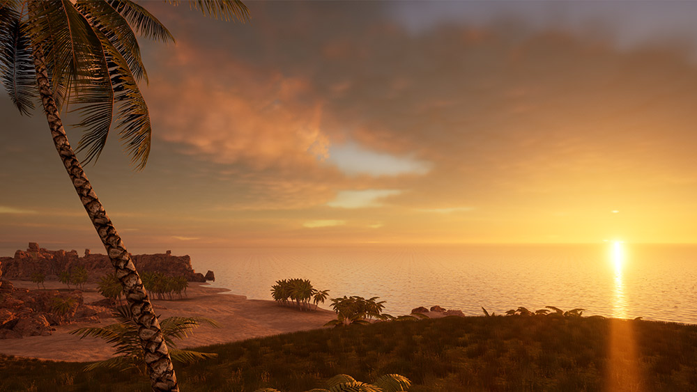 A VR rendering of a beach with palm trees as the sun sets in the background against the water.